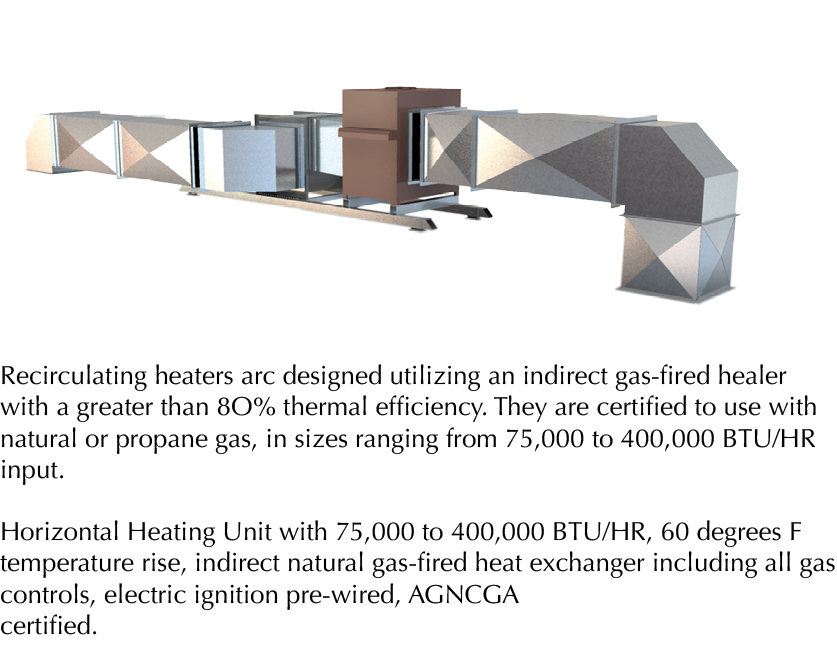   Recirculating heaters arc designed utilizing an indirect gas-fired healer with a greater than 8O% thermal efficienc   