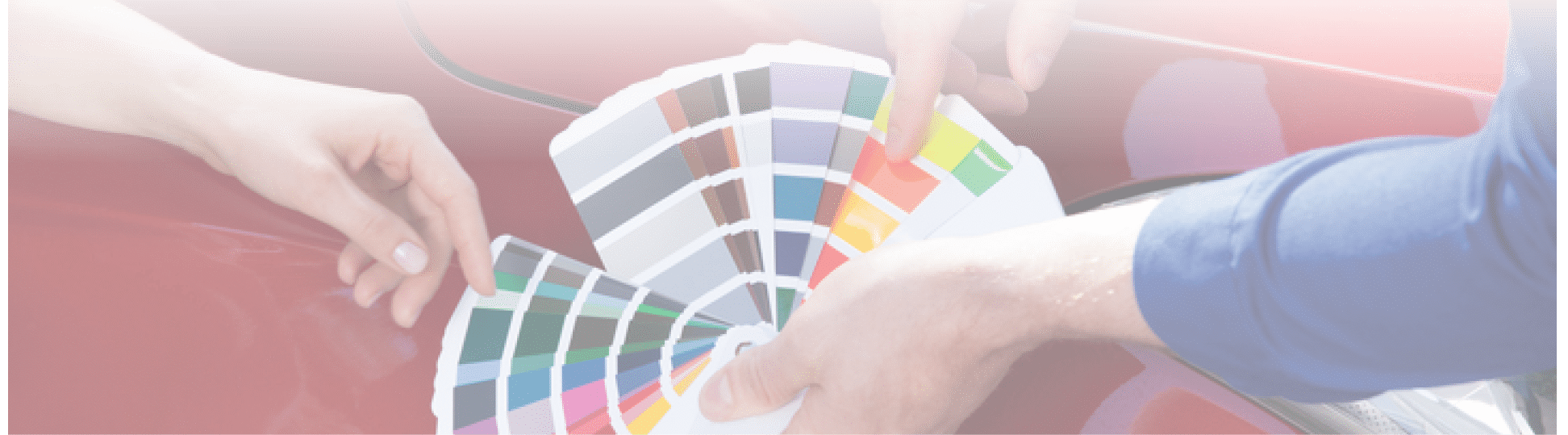 Cropped image of mechanic showing color samples to customer against car