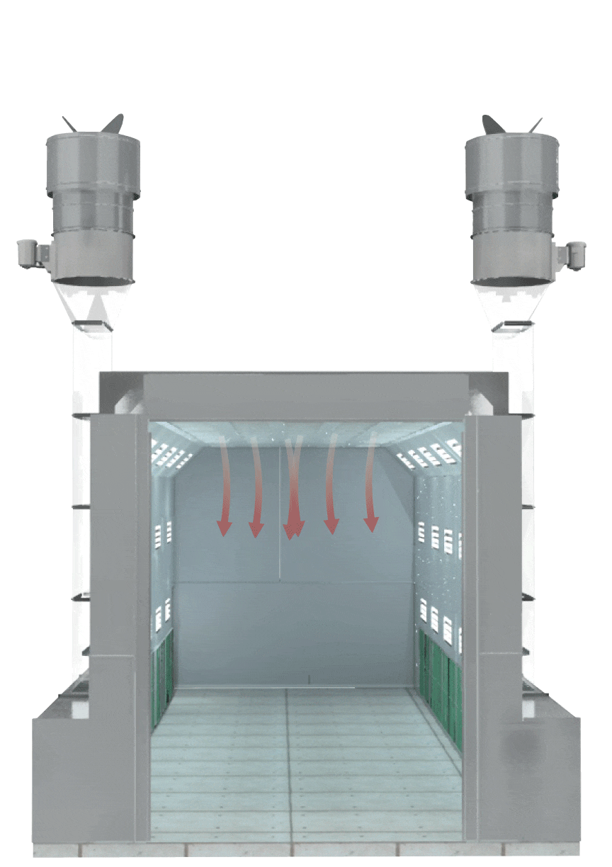 Animated image depicting airflow through a modified downdraft spray booth.